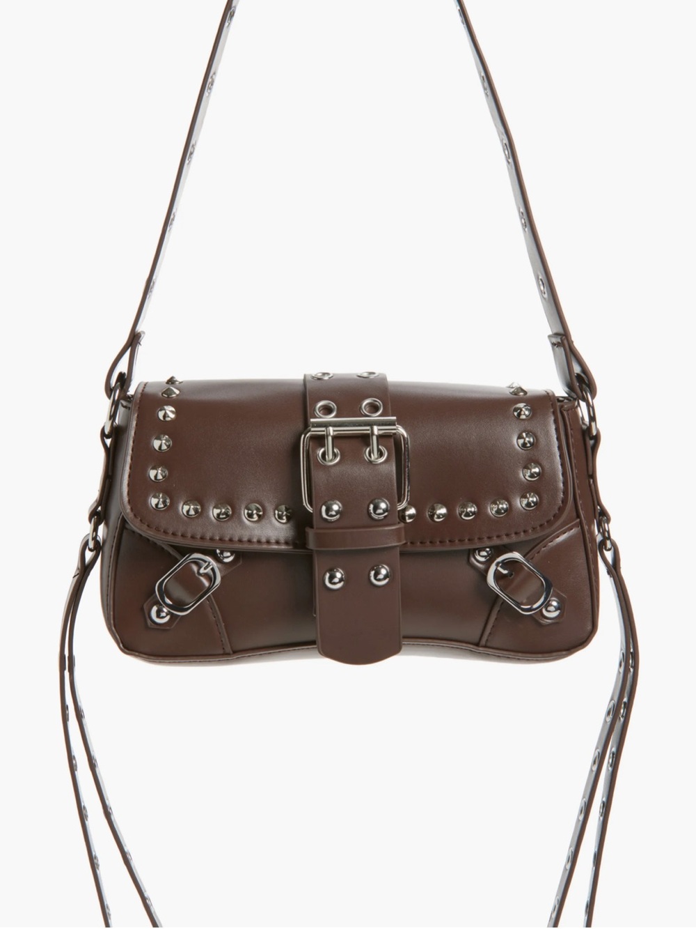 🆕 Brown Buckle Stud Shoulder Hand Bag Purse Silver Rivets Vegan Faux Leather NWT